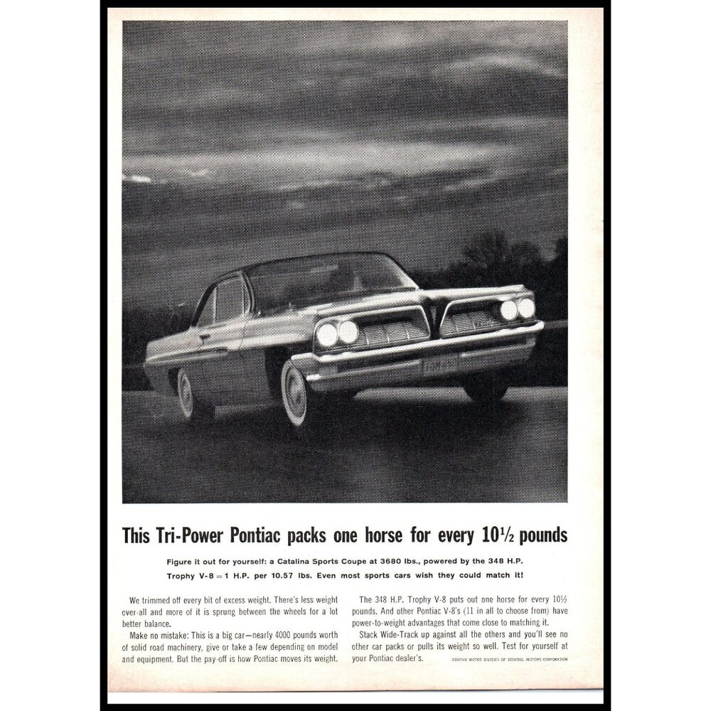 1961 Pontiac Catalina Sports Coupe Vintage Print Ad Nighttime Headlight Wall Art